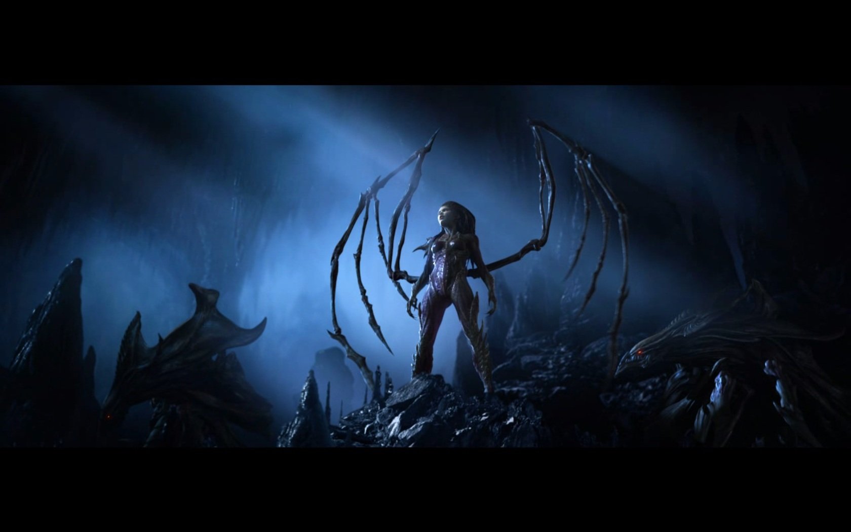 HD PC desktop wallpaper featuring a dark, atmospheric scene from the Starcraft video game, showcasing a central character with biomechanical wings in a shadowy environment.