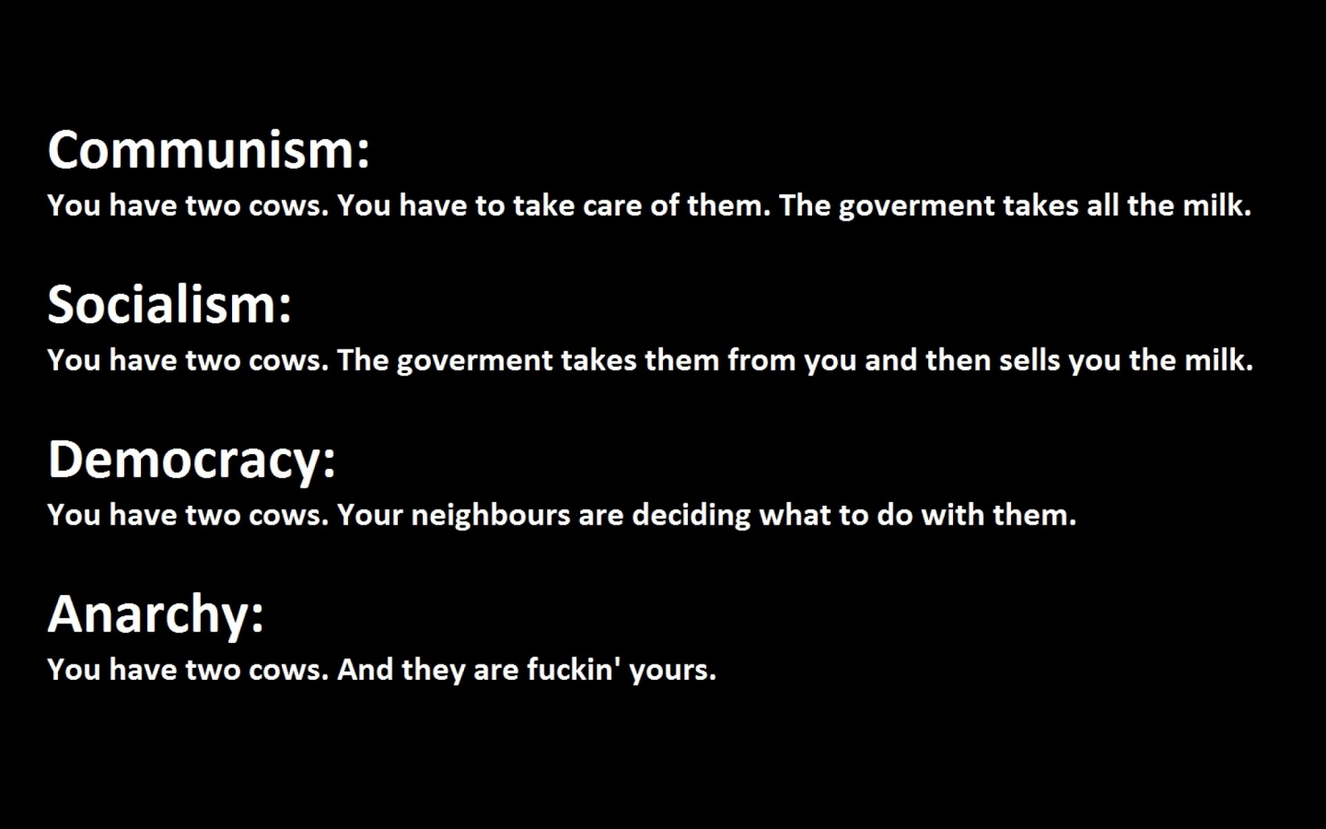 HD PC desktop wallpaper featuring a political text comparison of communism, socialism, democracy, and anarchy using a two-cows analogy on a black background.