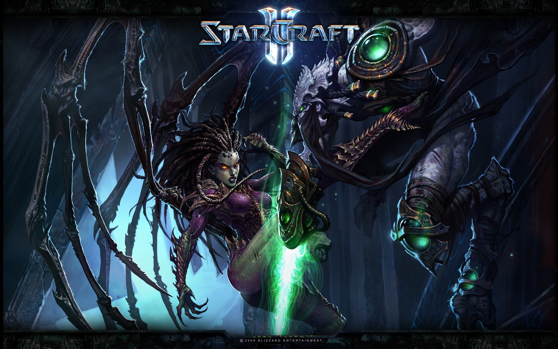 StarCraft II HD PC desktop wallpaper/background: a witch-like demonic creature unleashes green magic at a snarling mechanical beast in a dark fantasy video game scene.