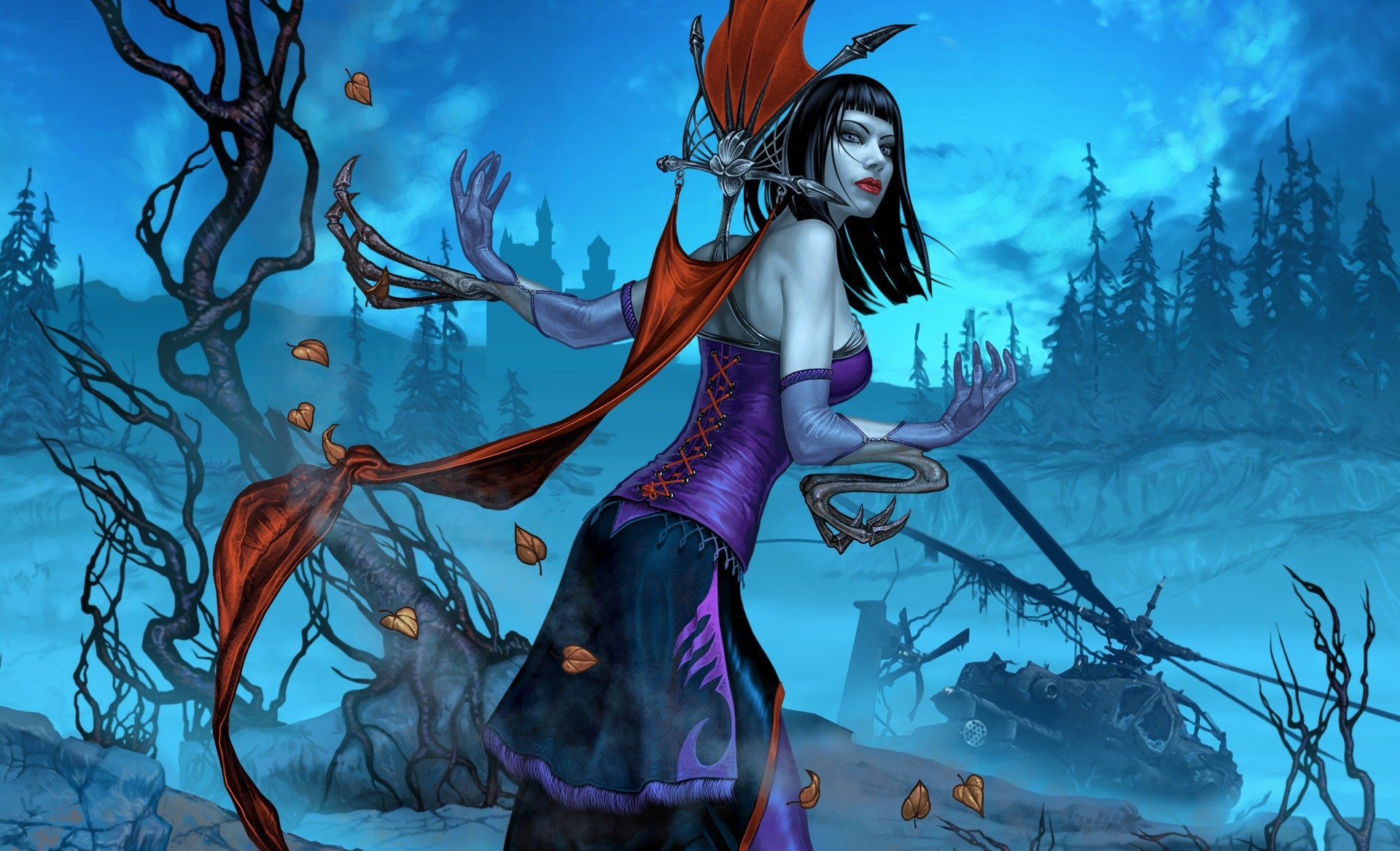 HD PC desktop wallpaper for the video game Heroes Of Annihilated Empires: pale sorceress with red ribbons and floating shards in a blue mist forest, ruined war machine behind.
