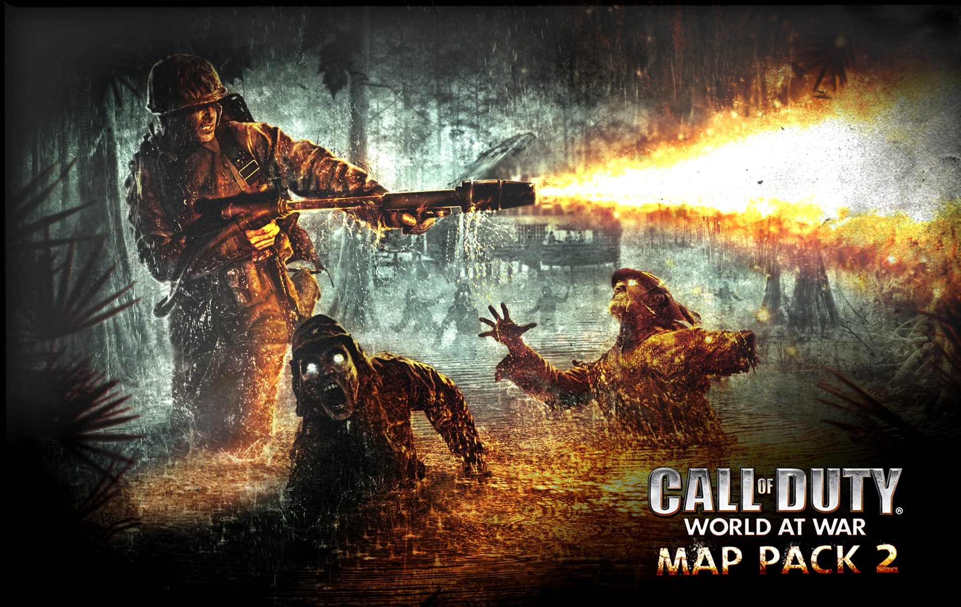 HD PC desktop wallpaper of the video game Call of Duty: World at War — a soldier sprays a flamethrower at attacking zombies in a swamp, fiery blast lighting the dark, wet battlefield.
