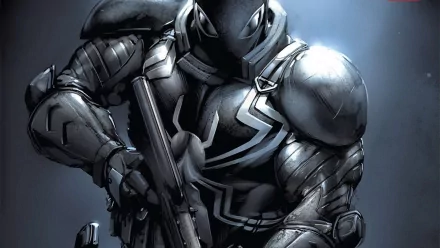 HD desktop wallpaper featuring Agent Venom (Flash Thompson) from the Venom comic series, showcasing him in his armored suit holding a weapon in a dramatic, dark setting.