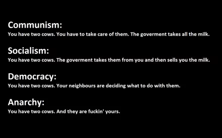 HD PC desktop wallpaper featuring a political text comparison of communism, socialism, democracy, and anarchy using a two-cows analogy on a black background.