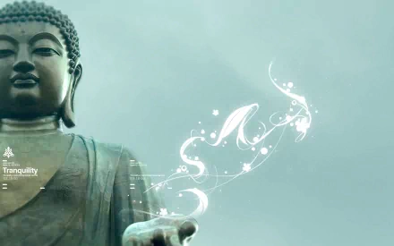 HD desktop wallpaper featuring a serene statue of Buddha, associated with Buddhism, against a calming, light blue background with ethereal white swirls emanating from the statue's hand.