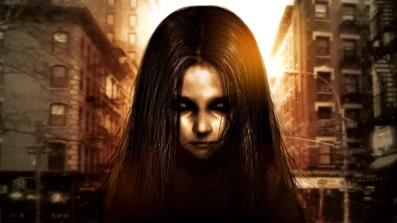HD PC desktop wallpaper from the video game Fear: a pale, long-haired girl with hollow eyes looms in a sunlit, ruined city, exuding chilling menace.