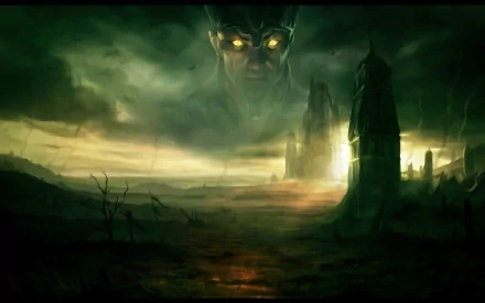 HD PC desktop wallpaper from the video game Age of Conan, featuring a dark, eerie landscape with towering structures and a giant glowing-eyed figure in the misty sky.