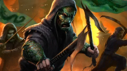 HD PC desktop wallpaper featuring a sinister, armored warrior from the video game Age of Conan, holding weapons amidst a fiery, battle-ready background.