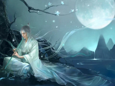 A serene oriental fantasy scene featuring a figure in flowing robes playing a blue flute beneath a glowing moon by a tranquil water landscape.