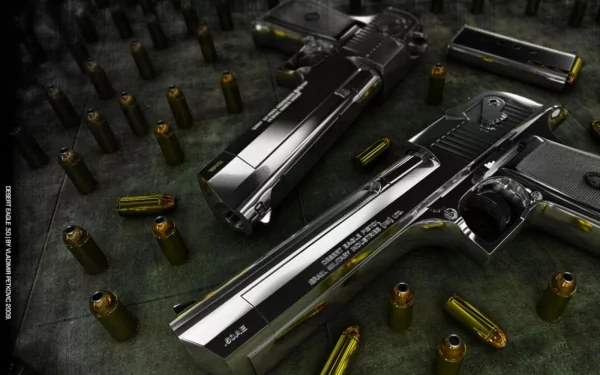 A striking HD desktop wallpaper featuring two Desert Eagles surrounded by spent bullet casings, showcasing intricate details and a bold, metallic finish.