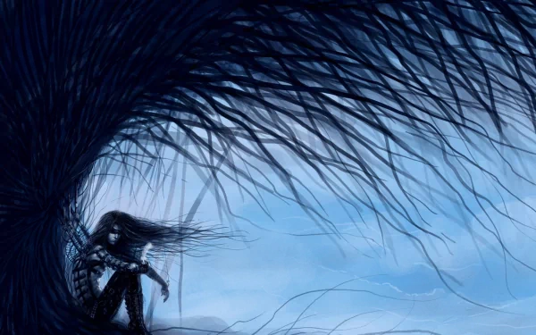 A dark and emo-themed HD desktop wallpaper featuring a figure surrounded by flowing, striking black hair and a dramatic, swirling backdrop of deep blues.