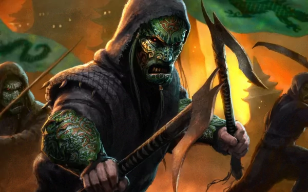 HD PC desktop wallpaper featuring a sinister, armored warrior from the video game Age of Conan, holding weapons amidst a fiery, battle-ready background.