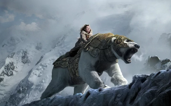 HD PC desktop wallpaper featuring a scene from the movie The Golden Compass with a girl riding a armored polar bear against a snowy, mountainous backdrop.