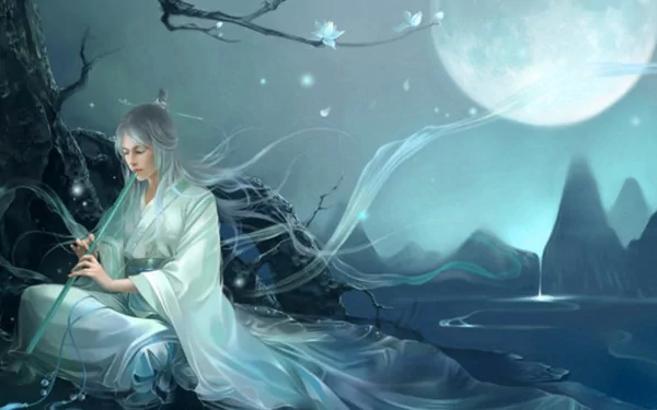 A serene oriental fantasy scene featuring a figure in flowing robes playing a blue flute beneath a glowing moon by a tranquil water landscape.