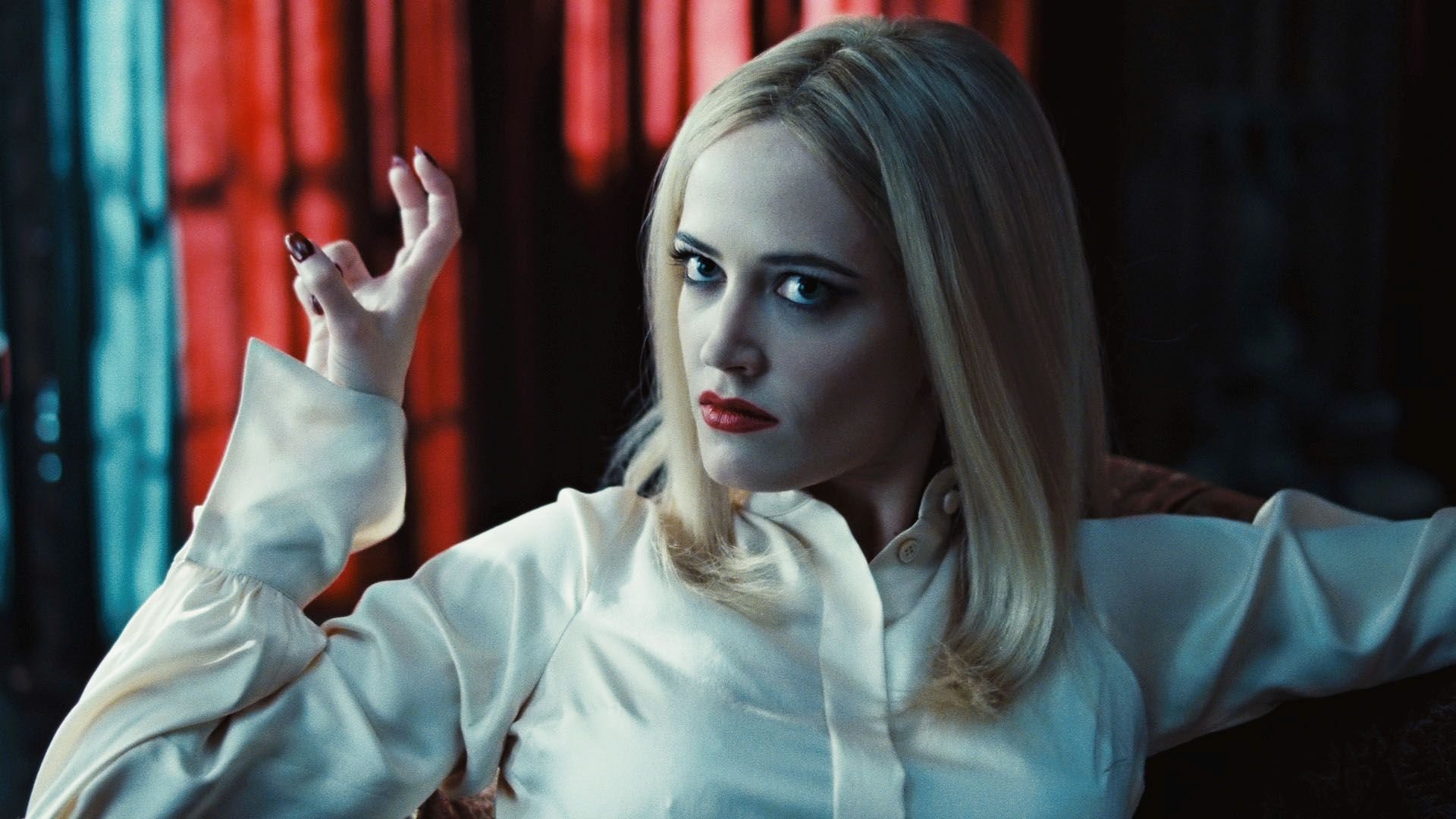 HD desktop wallpaper featuring Eva Green in a scene from the movie Dark Shadows, showcasing her intense expression and gothic style.
