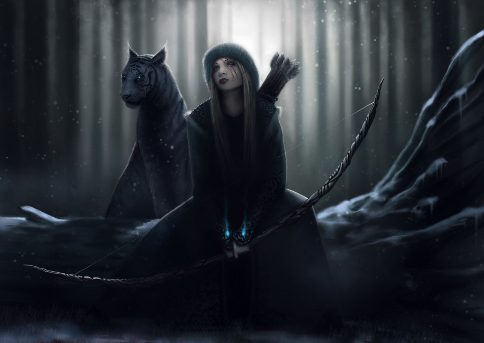 A fantasy scene featuring an archer in a dark cloak, seated beside a large black horse, set against a misty, ethereal backdrop. This HD wallpaper captures a mystical atmosphere.