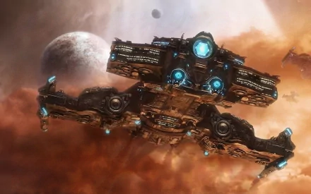 An HD desktop wallpaper depicting a futuristic spaceship from the video game Starcraft, set against a dramatic cosmic backdrop with planets and swirling clouds.