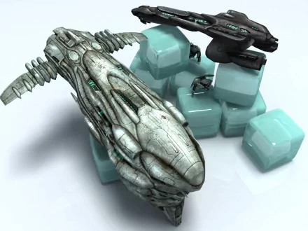 Futuristic spaceships from the video game EVE Online hover over icy platforms in this HD PC desktop wallpaper, showcasing intricate designs and a sci-fi aesthetic.