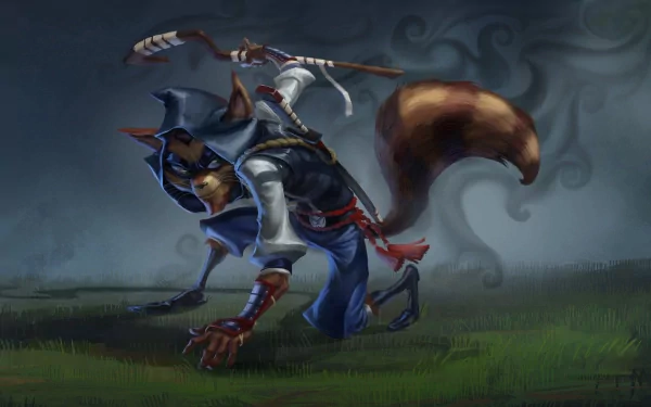 HD PC wallpaper of the video game Sly Cooper: Thieves in Time — Sly Cooper crouched on grass, masked raccoon thief in blue coat with hooked cane, moody smoky sky.