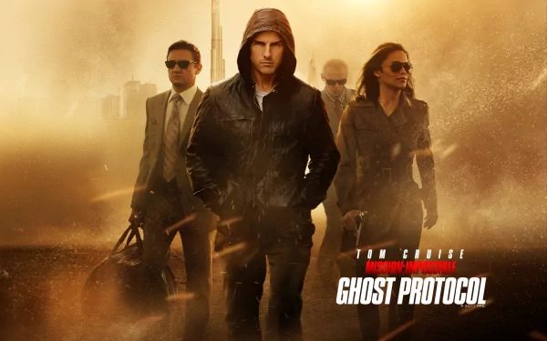 HD wallpaper of the movie Mission: Impossible - Ghost Protocol featuring a team of agents in action mode, with the title boldly displayed at the bottom.