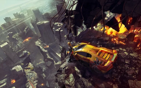 HD PC desktop wallpaper featuring intense off-road racing in a cityscape from the video game MotorStorm, showcasing rugged terrain and fiery explosions.