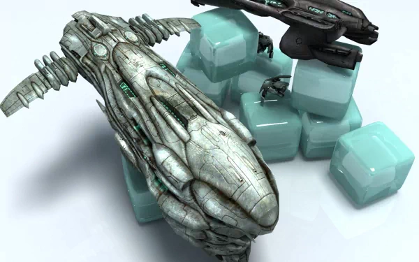 Futuristic spaceships from the video game EVE Online hover over icy platforms in this HD PC desktop wallpaper, showcasing intricate designs and a sci-fi aesthetic.
