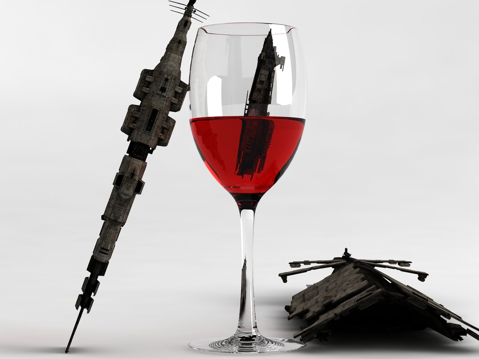 A striking HD PC desktop wallpaper featuring a glass filled with red liquid, showcasing a spaceship from EVE Online partially submerged, with another model resting nearby.