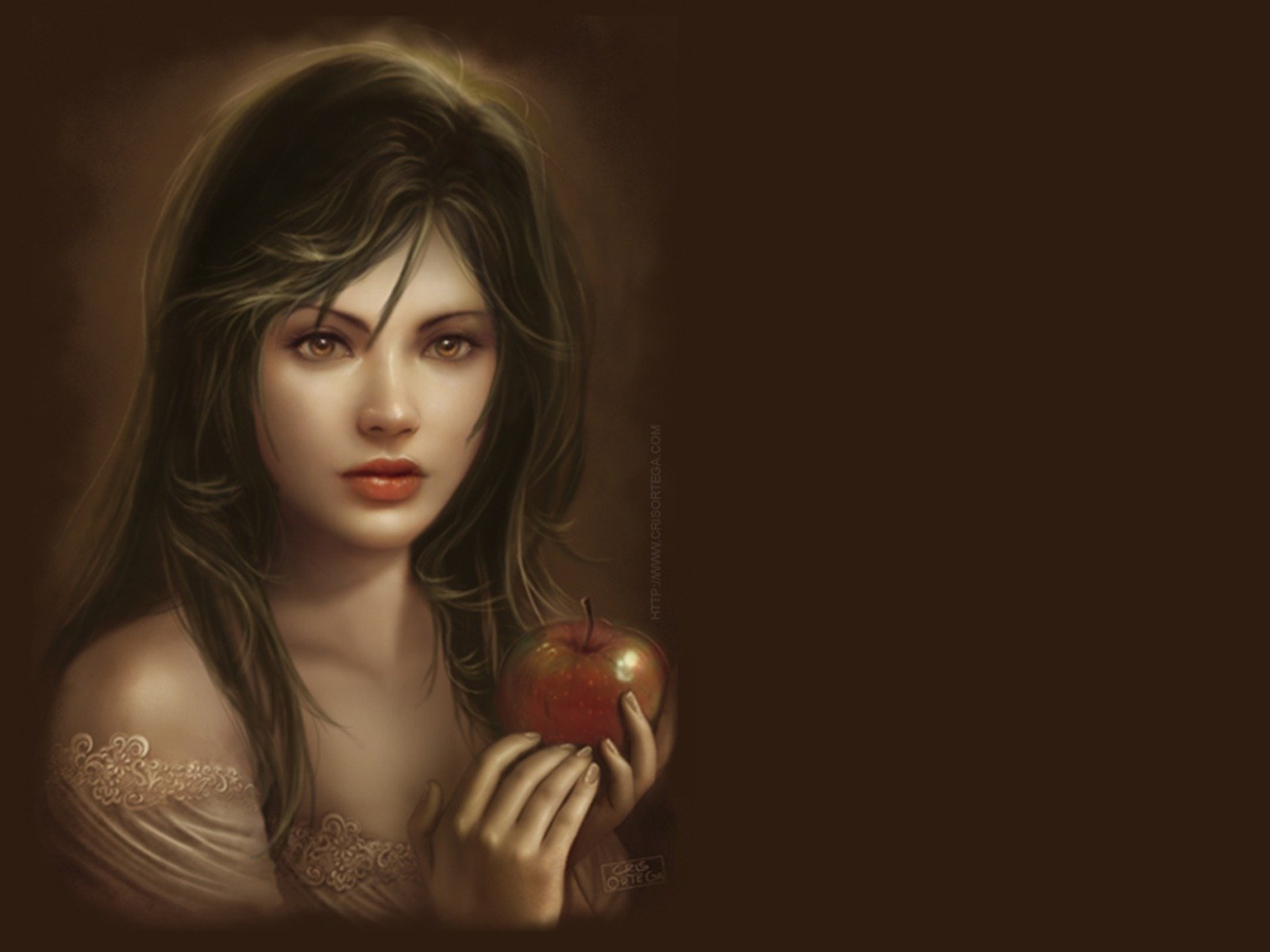 HD PC desktop wallpaper featuring a fantasy woman with long dark hair holding a glowing apple against a brown background.