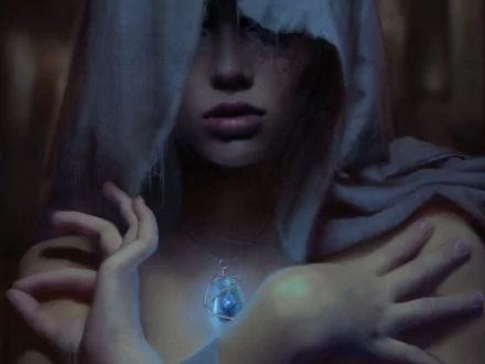 Fantasy-themed HD PC desktop wallpaper of a mysterious woman with a glowing blue pendant, shrouded in shadows and soft light.