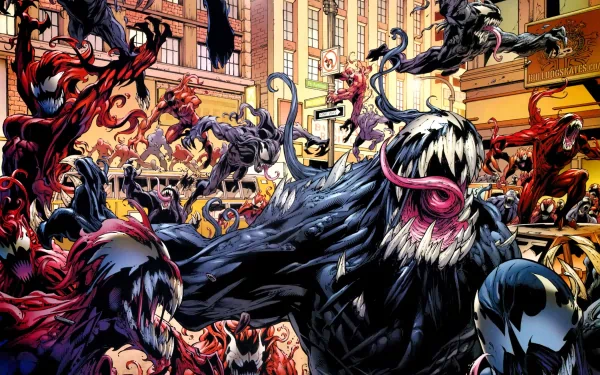A vibrant HD desktop wallpaper featuring Carnage and Venom from Marvel Comics, showcasing a dynamic scene filled with chaos and character intricacies that capture their fierce rivalry.