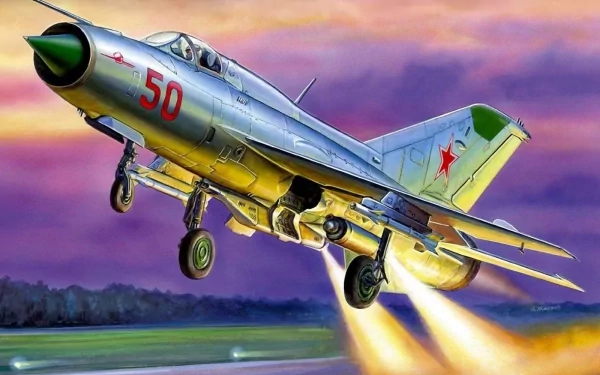 HD desktop wallpaper depicting a military aircraft with afterburners engaged, ascending against a vibrant sunset sky.