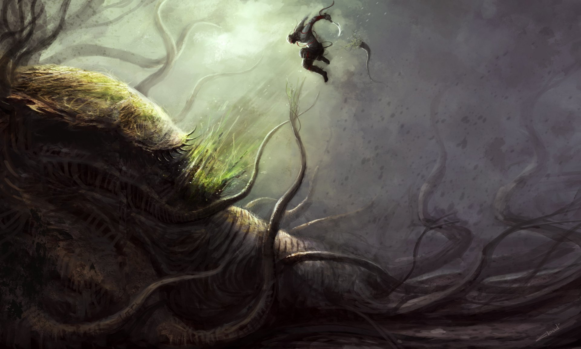 4K Ultra HD PC desktop wallpaper and background — fantasy battle: lone warrior leaps at a colossal tentacled beast among misty, twisted roots.