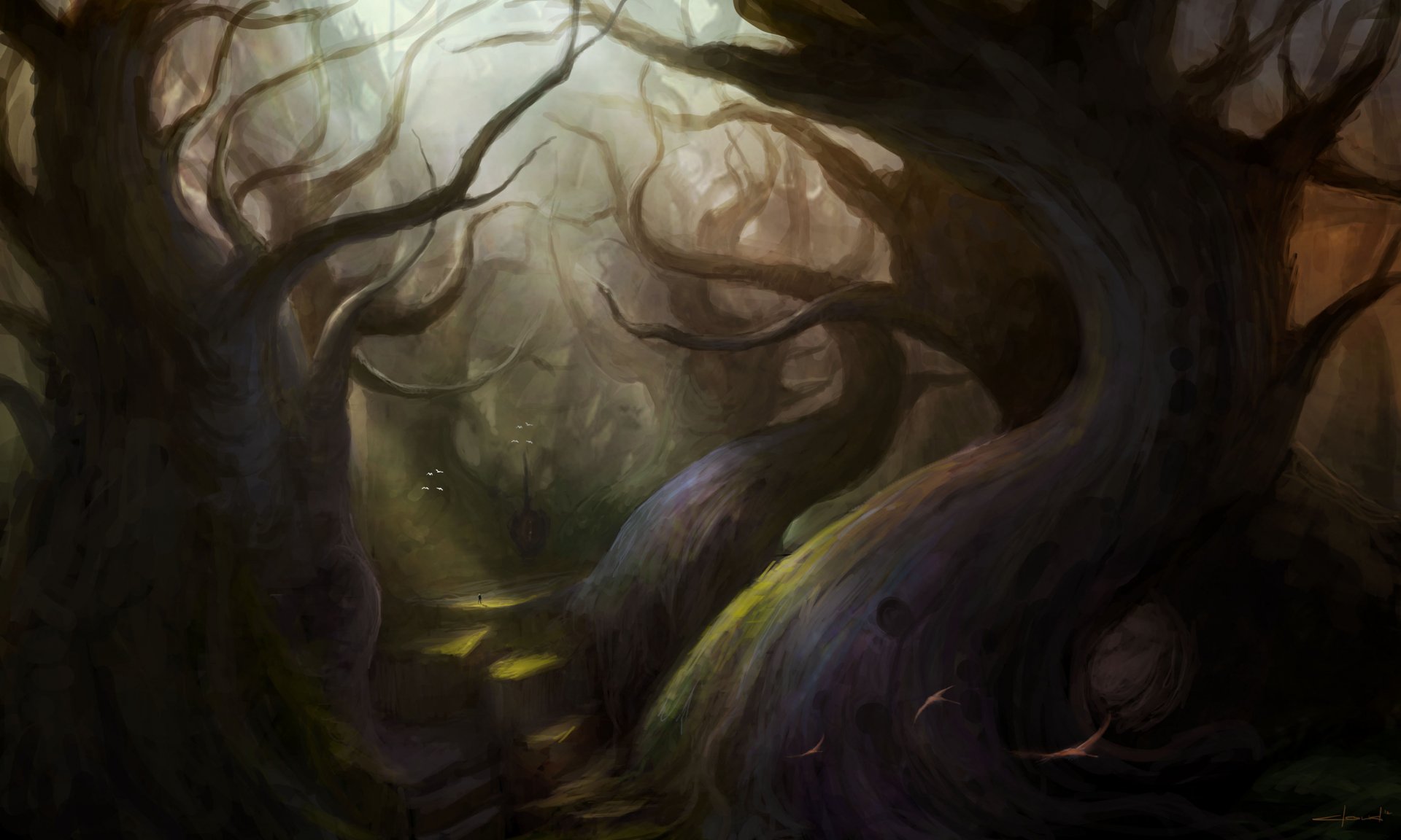 A dark, twisted forest with gnarled trees and soft light filtering through, rendered in detailed fantasy art for a 4K Ultra HD PC desktop wallpaper.