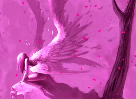A fantasy scene featuring a fallen angel with pink wings, resting amidst pink petals and trees, creating a serene and dreamlike atmosphere in vibrant hues.