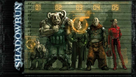 HD cyberpunk Shadowrun video game wallpaper featuring a lineup of diverse futuristic characters against a textured industrial backdrop.