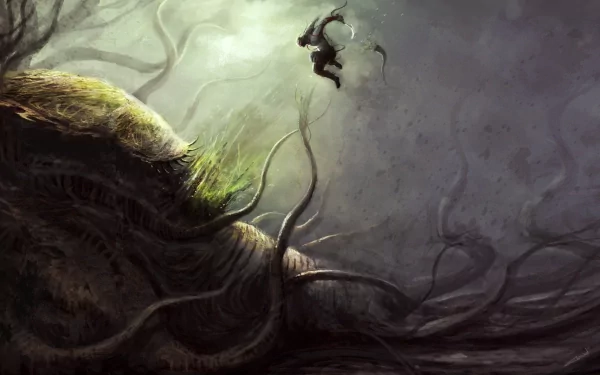 4K Ultra HD PC desktop wallpaper and background — fantasy battle: lone warrior leaps at a colossal tentacled beast among misty, twisted roots.