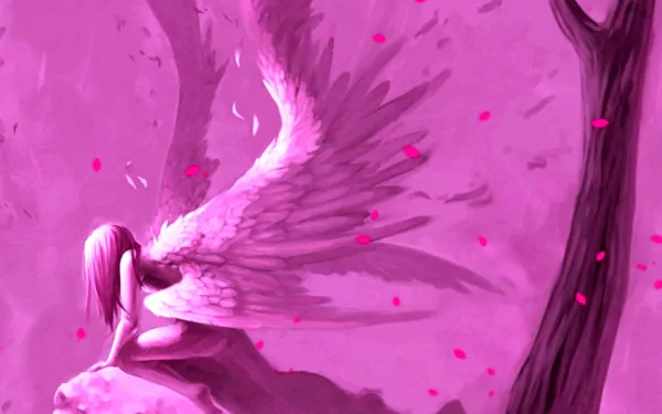 A fantasy scene featuring a fallen angel with pink wings, resting amidst pink petals and trees, creating a serene and dreamlike atmosphere in vibrant hues.