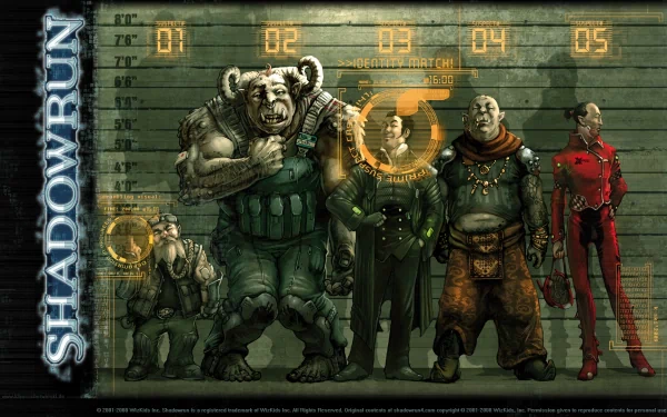 HD cyberpunk Shadowrun video game wallpaper featuring a lineup of diverse futuristic characters against a textured industrial backdrop.