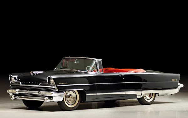 HD PC desktop wallpaper featuring a classic black Lincoln convertible with a red interior against a black background.