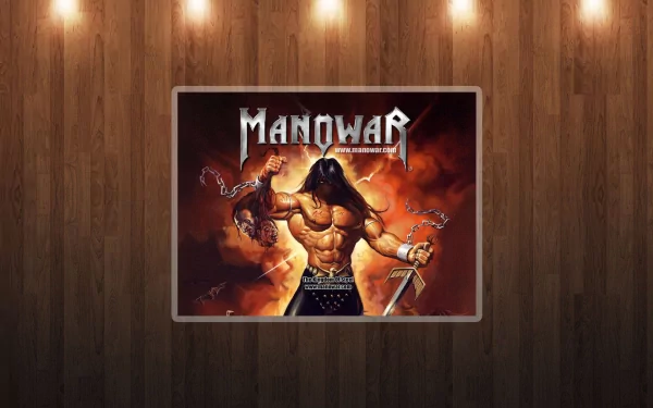 HD PC desktop wallpaper featuring a powerful, muscular warrior wielding a sword with fire and the Manowar band logo, set against a wooden wall with hanging lights.