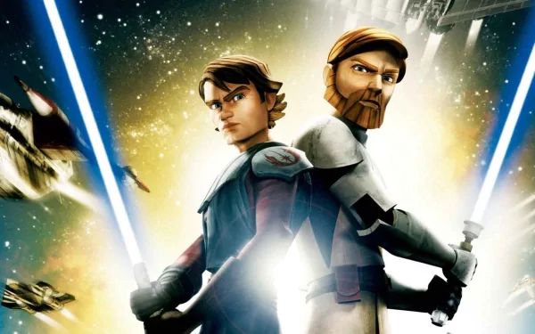 HD desktop wallpaper featuring animated Obi-Wan Kenobi and Anakin Skywalker from the TV show Star Wars: The Clone Wars (2008) with lightsabers ignited.