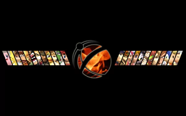 HD PC desktop wallpaper featuring the character lineup and fiery logo from the video game Super Smash Bros. Brawl on a black background.