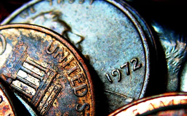 Close-up of vintage coins featuring United States and the year 1972, showcasing intricate textures and colors. A high-definition desktop wallpaper capturing man-made currency details.