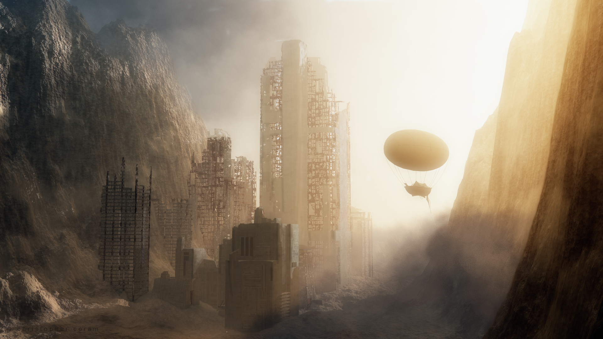 A stunning steampunk alien city in a post-apocalyptic landscape, featuring towering structures amidst sand and mist, with airships soaring through a Sci-Fi atmosphere. HD desktop wallpaper.