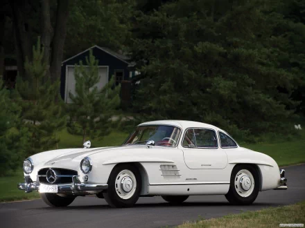 HD desktop wallpaper featuring a classic white Mercedes-Benz 300SL parked on a road with a lush green forest background.