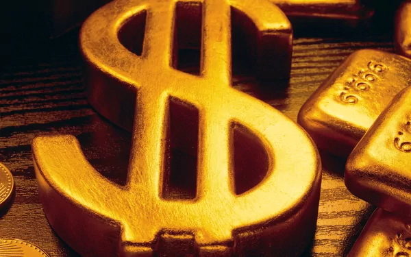 A striking HD desktop wallpaper featuring a golden dollar sign surrounded by gold bars, symbolizing wealth and prosperity with a luxurious feel.