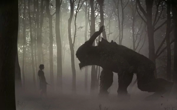 HD PC desktop wallpaper/background: misty forest scene from the movie Snow White and the Huntsman, a lone figure confronts a towering horned beast.