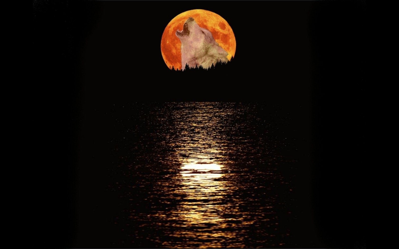 HD desktop wallpaper featuring a wolf silhouette superimposed on a glowing orange full moon above shimmering water at night.