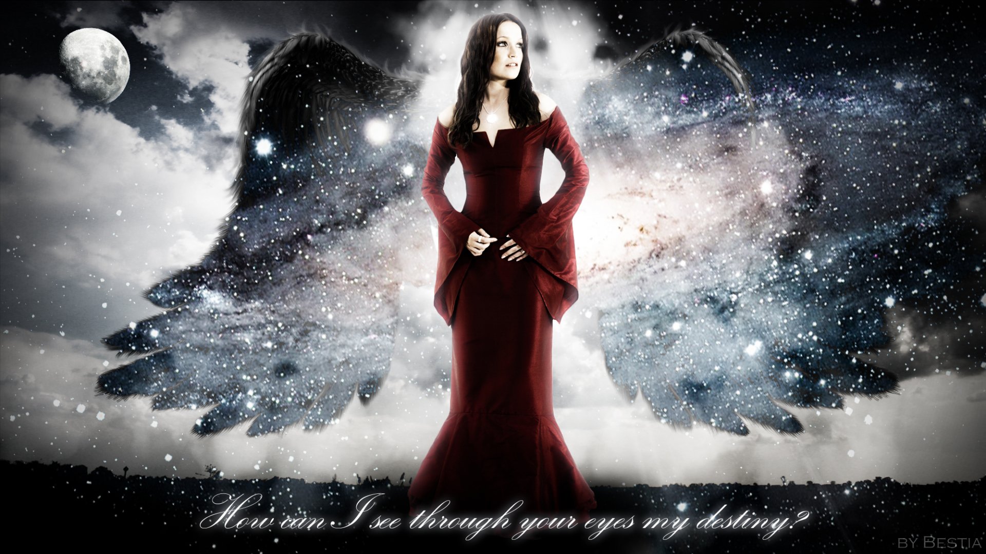 HD PC desktop wallpaper featuring Tarja in a red dress with cosmic wings, blending music and ethereal space elements.