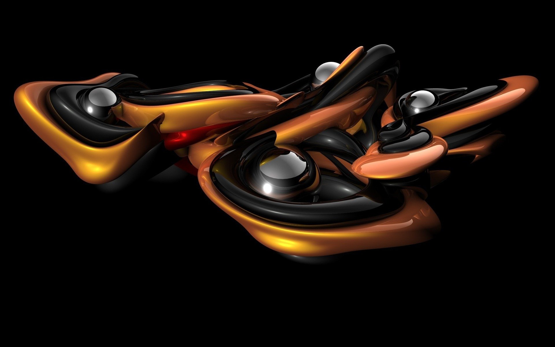 An abstract HD wallpaper featuring smooth, flowing shapes in warm orange and black tones, accented by glossy spheres, set against a dark background.