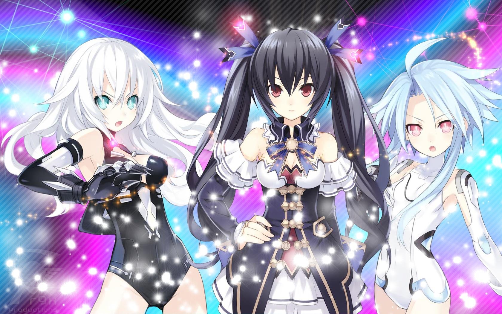 Three characters from the video game Hyperdimension Neptunia stand confidently, showcasing their distinct styles with long hair, twintails, and contrasting eye colors against a vibrant backdrop.